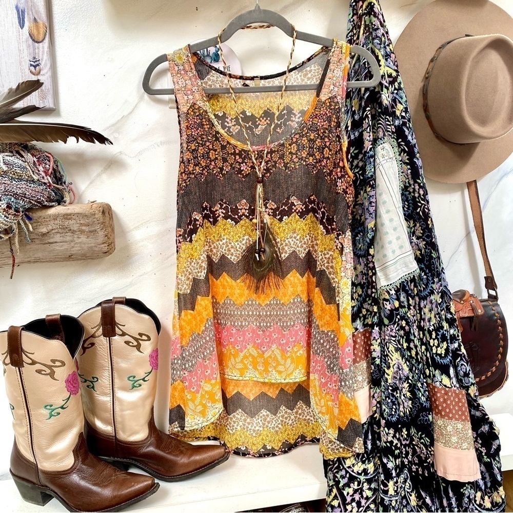 Boho patch work vibe tank w southwestern Gypsy vibe